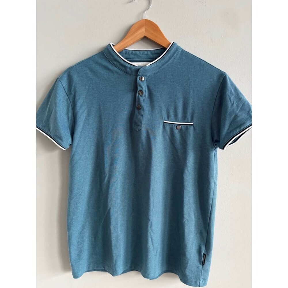 Scott James Men's Medium Short Sleeve Henley Polo Shirt Blue Heather